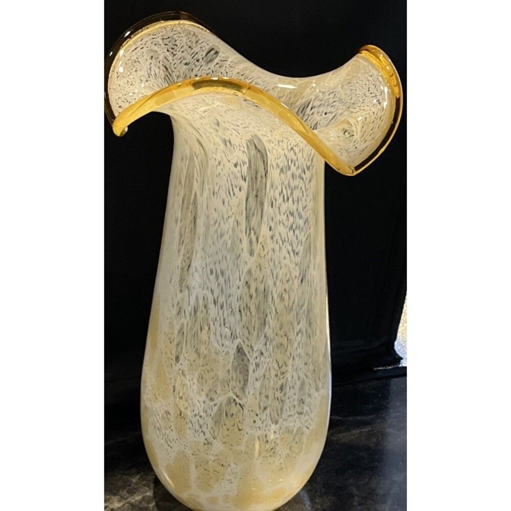 Hand Blown White & Yellow Speckled Art Glass With Ruffle Top 14x6 Inches